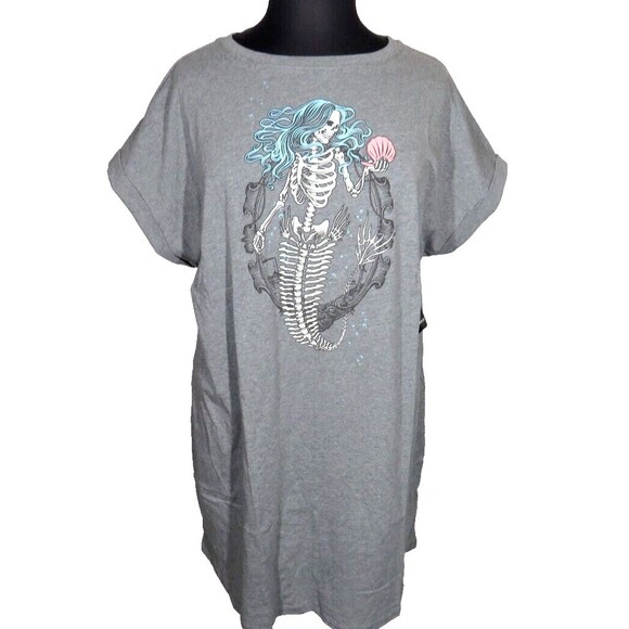 Torrid Gray Mermaid Skeleton Dolman Sleeve Cotton Tee Shirt Dress Plus Size 2X - Picture 3 of 11